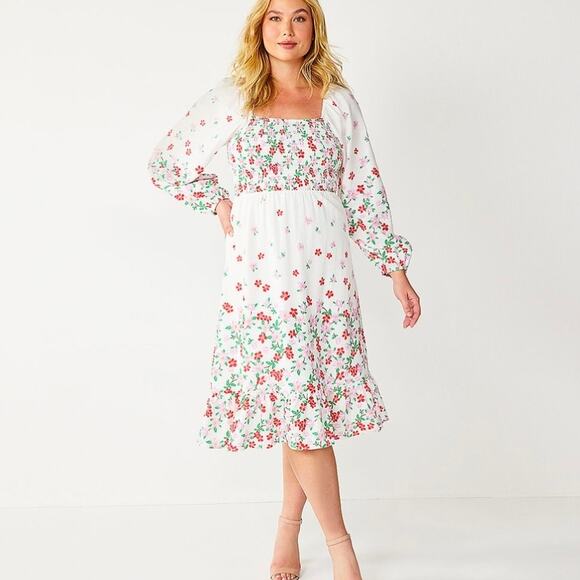 Draper James White Floral Smocked Long Sleeve Midi Dress - Picture 2 of 9